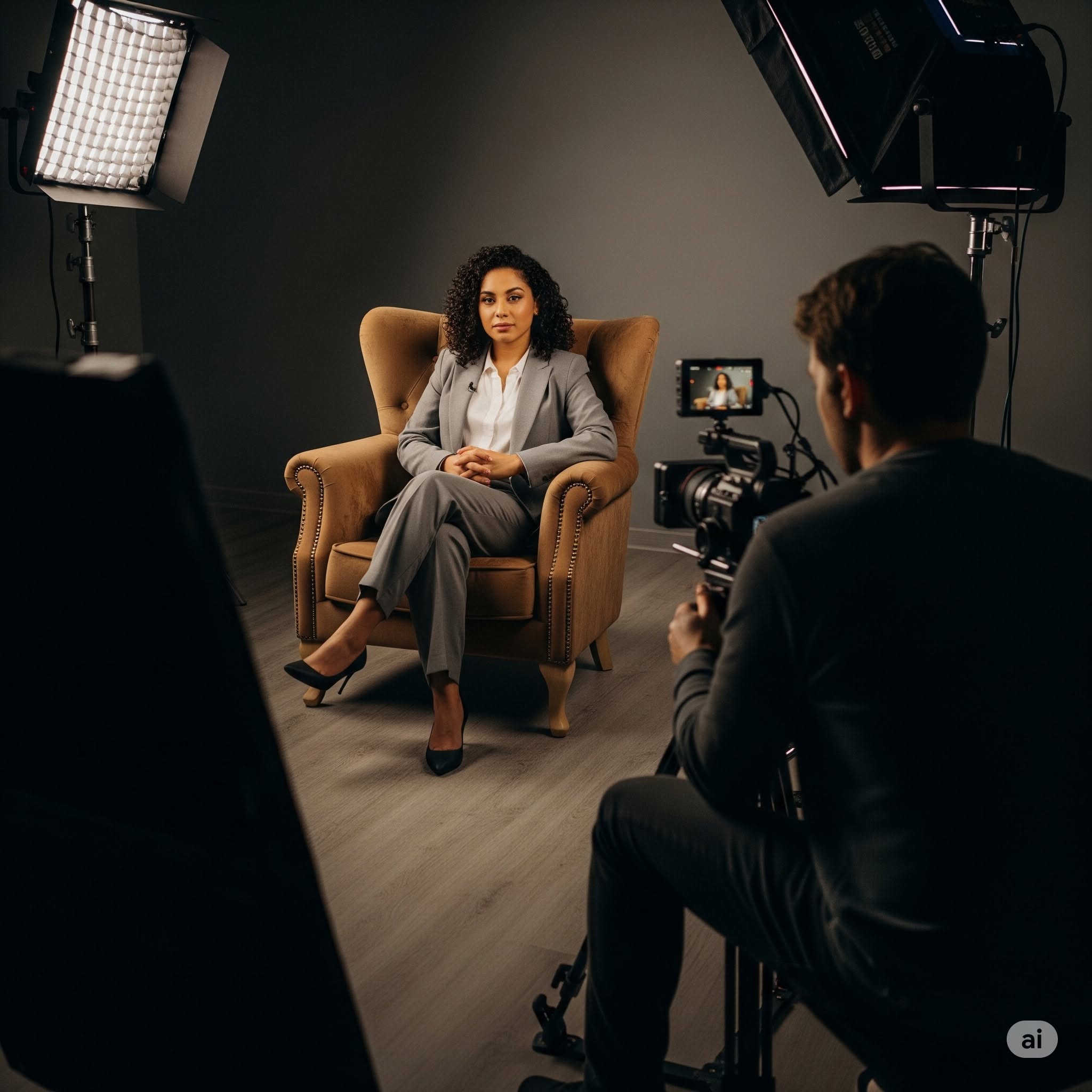 Illustration IA d'un tournage d'interview avec caméra et éclairages professionnels.
