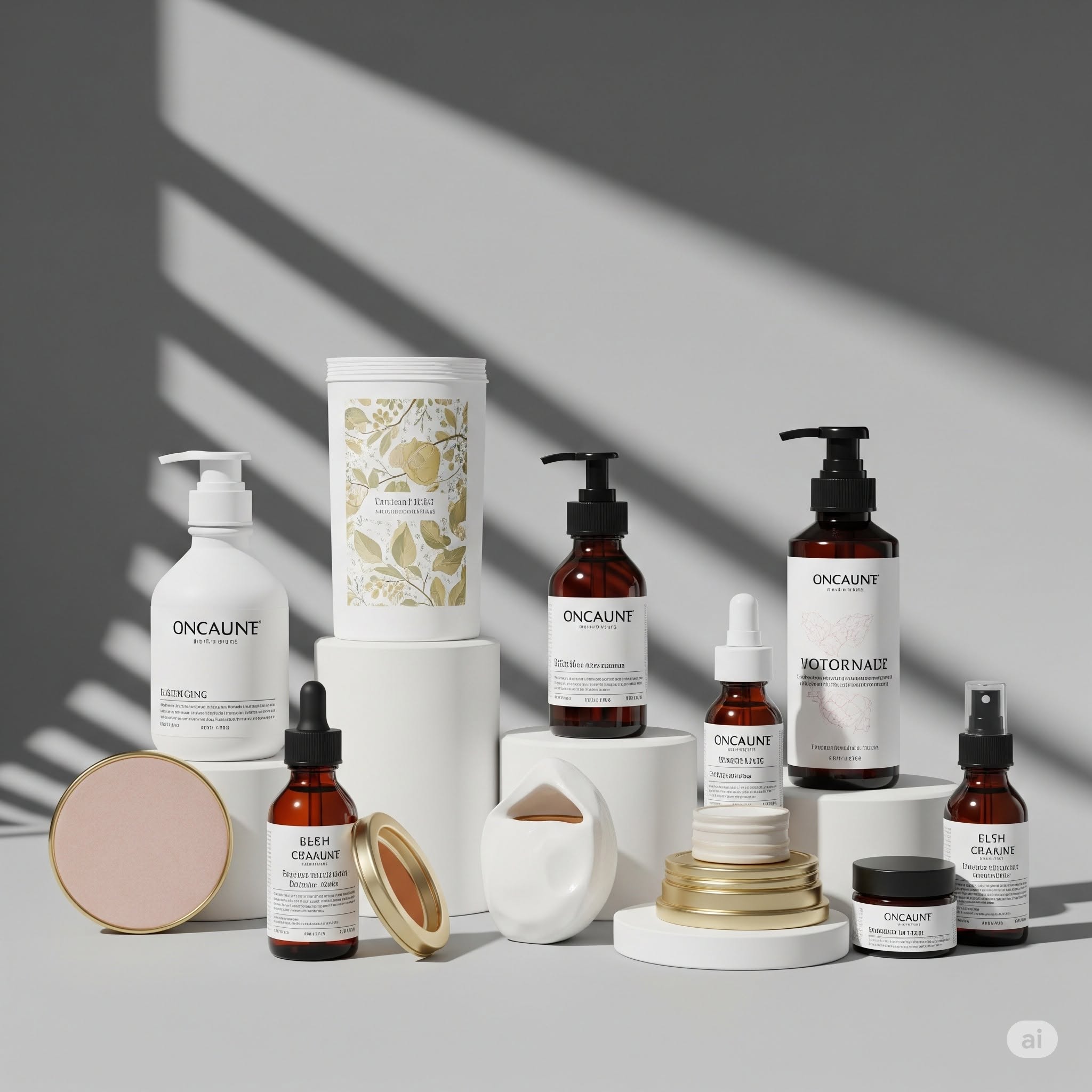 Illustration IA d'une composition de produits cosmétiques sous une lumière graphique.