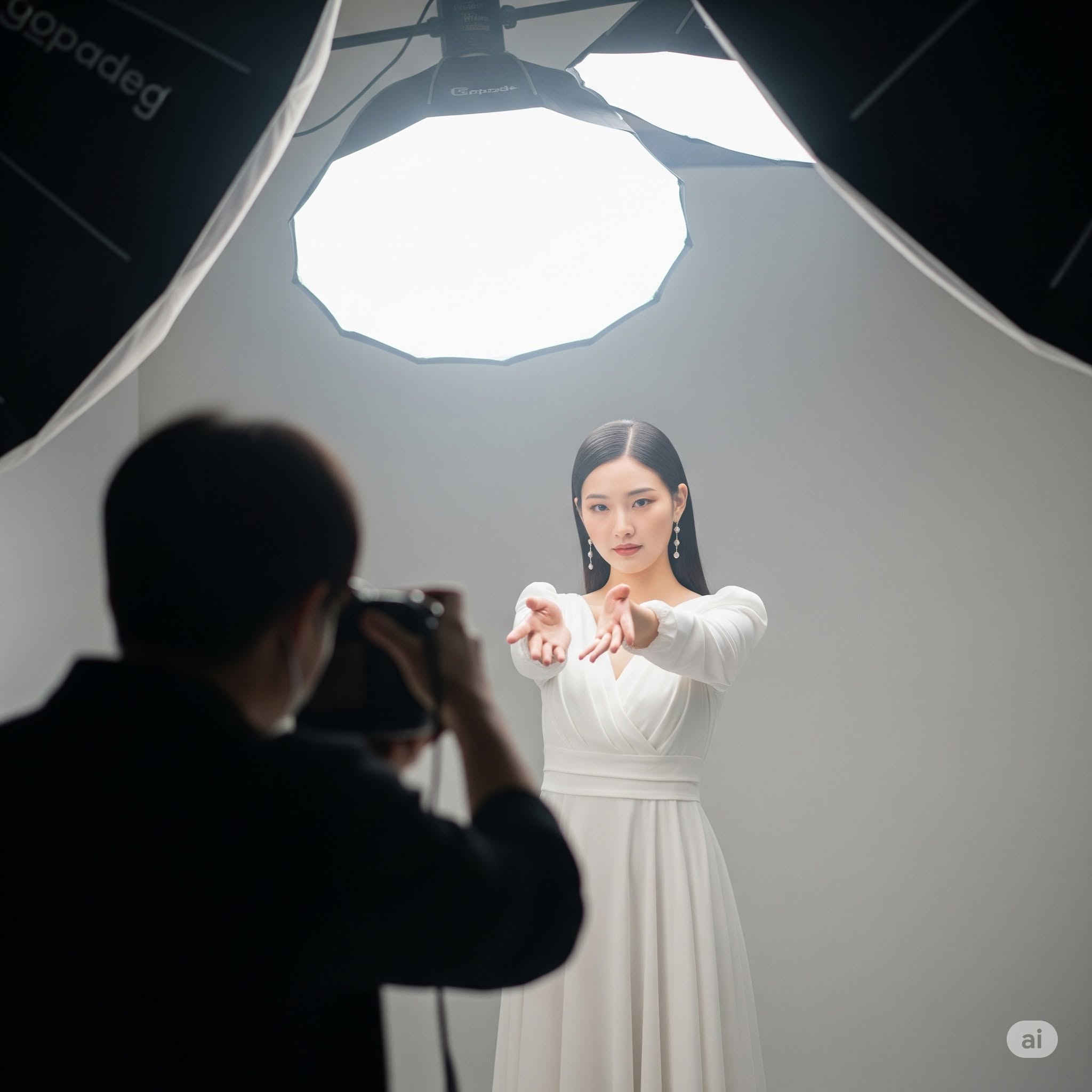 Illustration IA d'une séance photo de mode sous des éclairages de studio.