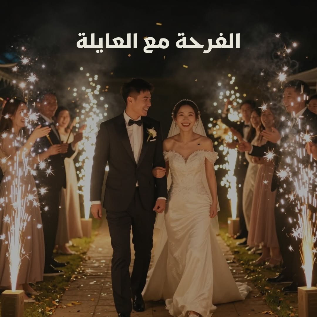 Visuel promotionnel d'un couple de mariés entouré de proches et d'étincelles.